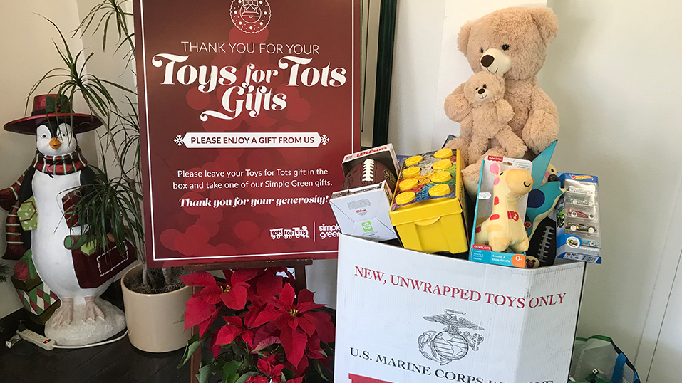 2016: Simple Green provides gifts to  people who donate to the U.S. Marine Corps Reserve Toys for Tots Program.